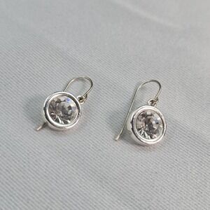 Vintage Swarovski Swan Signed Clear Crystal Bezel Drop Earrings Silver Tone